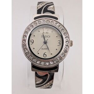 Studio Time Bangle Watch Women 30mm Case Black Enamel Rhinestones- New Battery